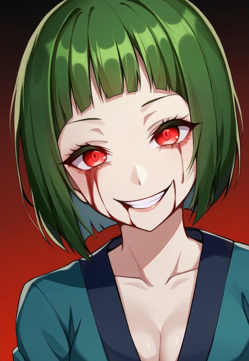 1girl, aqua_kimono, autismmix, bangs, blood, blood_from_eyes, blood_from_mouth, blood_on_face