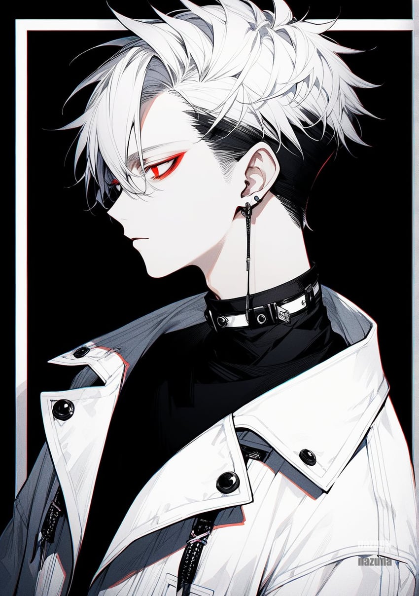 1boy, bangs, bishounen, black_background, black_hair, black_shirt, border, choker