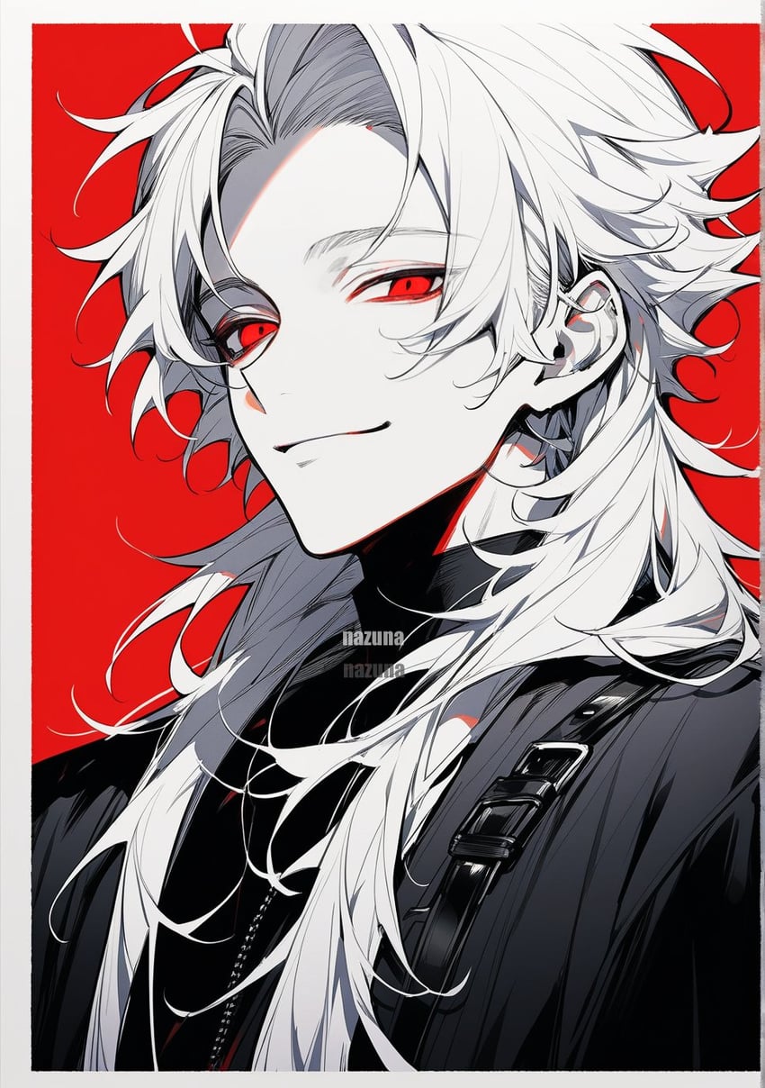 1boy, artist_name, bangs, belt_buckle, bishounen, black_jacket, black_shirt, border