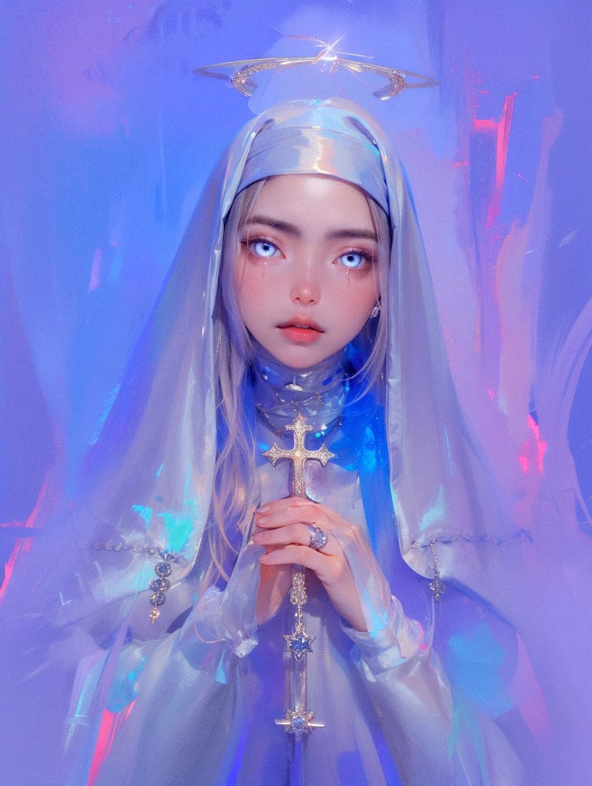 1girl, blue_eyes, bright_pupils, collar, cross, expressionless, fantasy, forehead