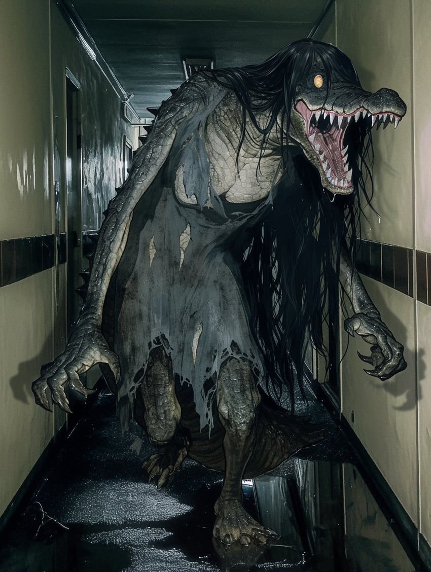 1girl, barefoot, black_hair, breasts, claws, colored_skin, creature, creature_focus