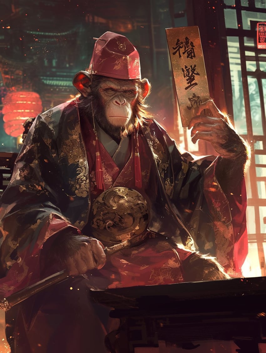 animal, ape, architecture, black_hair, blurry, building, chinese_clothes, closed_mouth