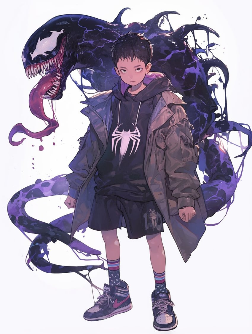 1boy, black_eyes, black_footwear, black_hair, black_hoodie, black_shorts, bug, child, clenched_hands, closed_mouth, coat, drawstring, dripping, fangs, full_body, hood, hood_down, hoodie, jacket, long_sleeves, long_tongue, looking_at_viewer, male_focus, marvel, monster, nijijourney, nike, open_clothes, open_coat, open_mouth, original, saliva, sharp_teeth, shoes, short_hair, shorts, simple_background, sleeves_past_wrists, sneakers, socks, solo, spider, standing, stellaseene2, striped, striped_socks, teeth, tentacles, tongue, venom_(marvel), white_background