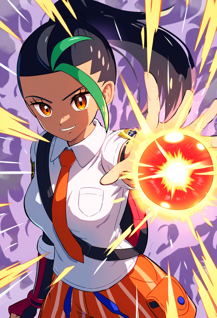 1girl, black_hair, breasts, collared_shirt, dark-skinned_female, dark_skin, darkkurama, energy