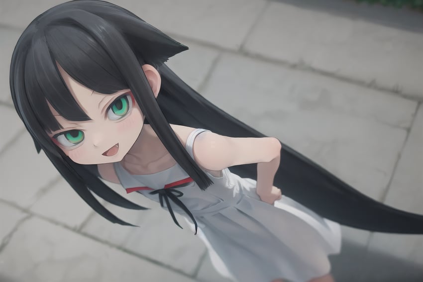 1girl, :d, arm_at_side, artist_request, bangs, bare_arms, bare_shoulders, black_hair