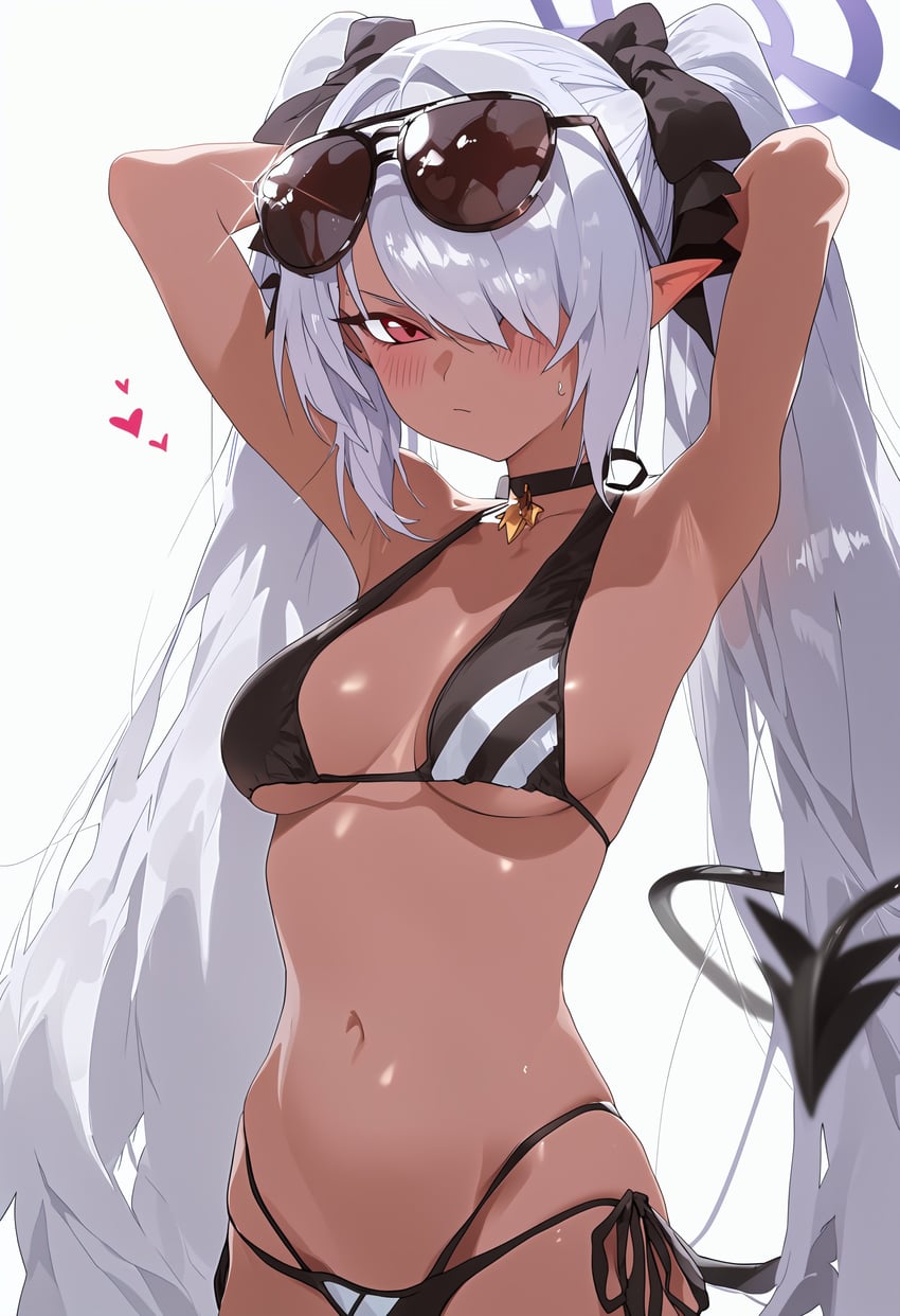 1girl, absurdres, armpits, arms_behind_head, arms_up, bikini, black-framed_eyewear, black_bikini