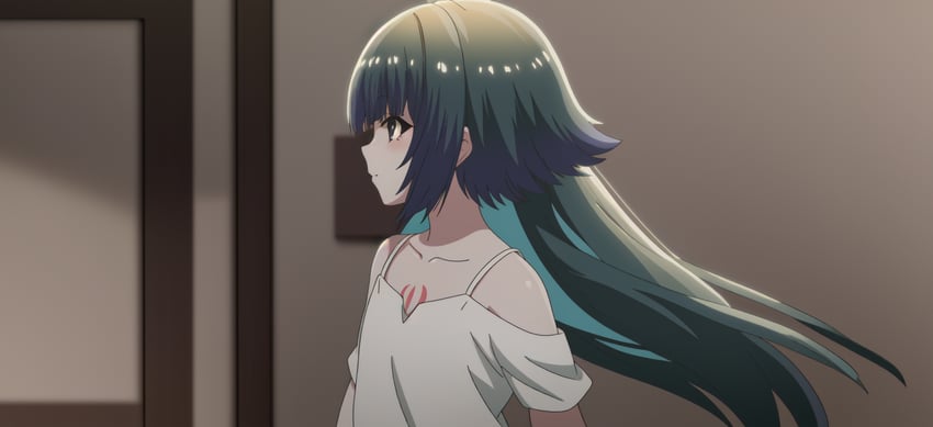 1girl, 7th_anime, arms_at_sides, bangs, bare_shoulders, body_markings, chest_tattoo, closed_mouth