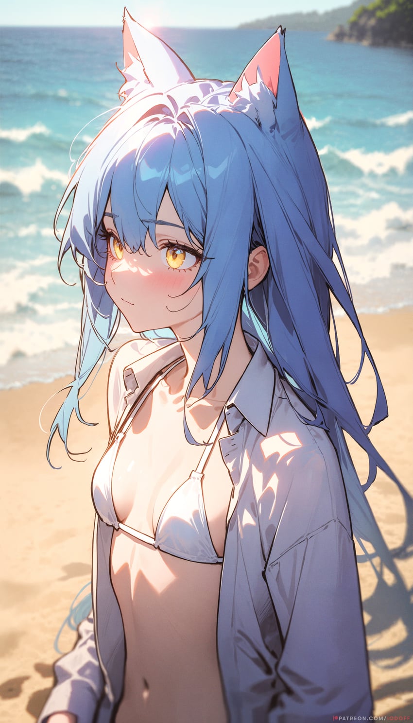 1girl, absurdres, aina_(iodoff), animaginexl, animal_ear_fluff, animal_ears, beach, bikini