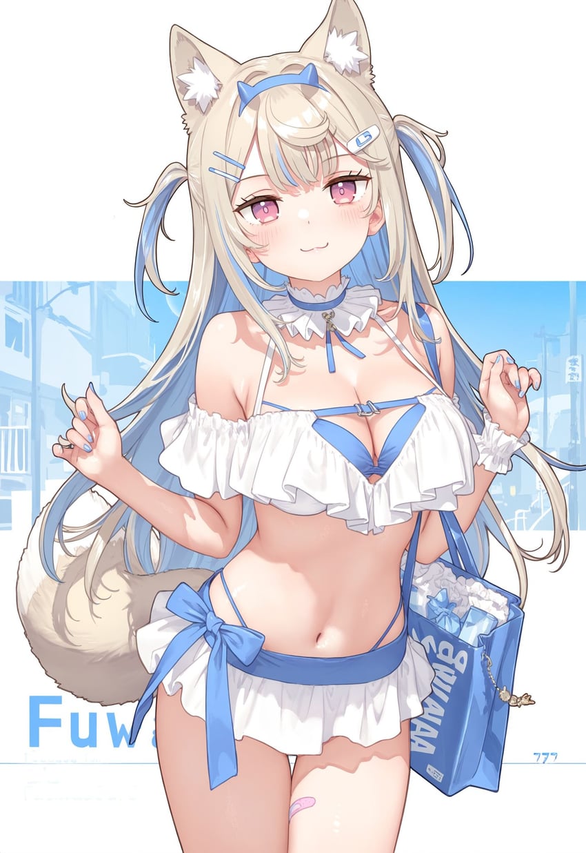 1girl, animal_ear_fluff, animal_ears, bag, bikini, blonde_hair, breasts, cleavage