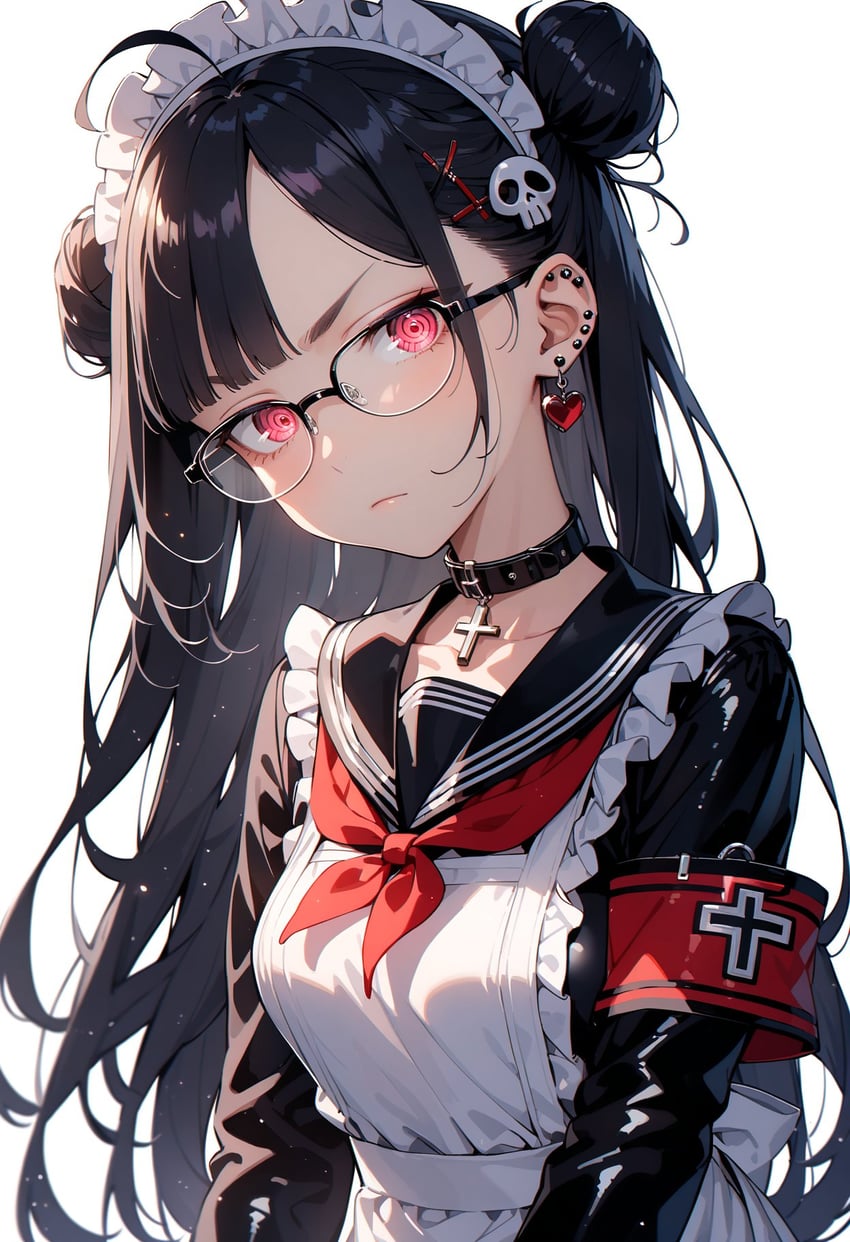 1girl, @_@, ahoge, apron, armband, asymmetrical_bangs, bangs, black-framed_eyewear