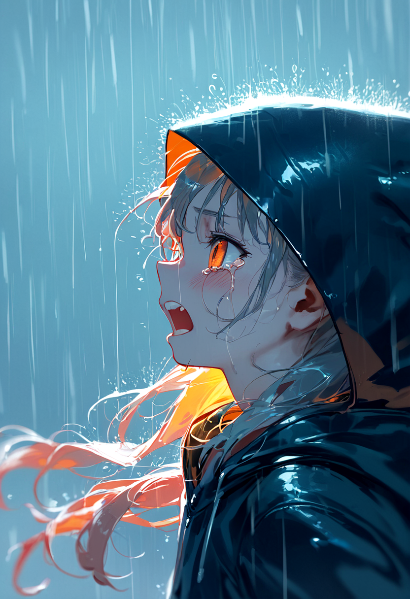 0002, 1girl, backlighting, bangs, black_coat, blonde_hair, blue_background, blurry