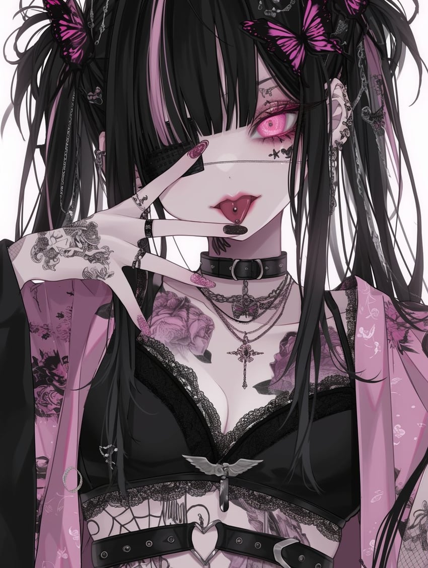 1girl, bangs, black_bra, black_hair, blunt_bangs, bra, breasts, bug