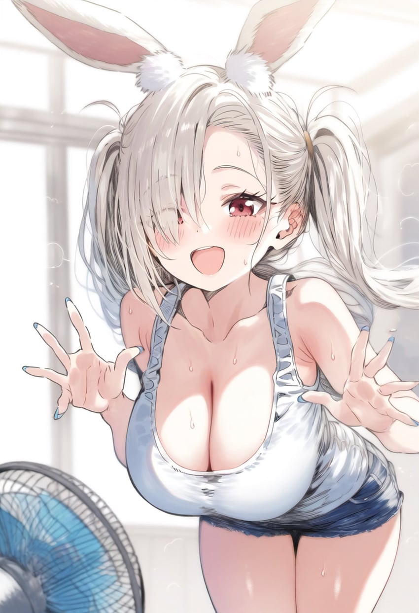 1girl, :d, aibanousagi, animal_ear_fluff, animal_ears, asymmetrical_bangs, bangs, bare_arms