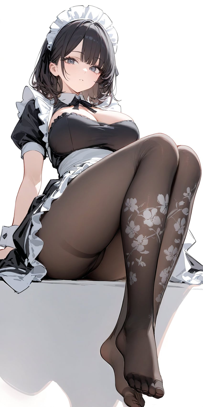 1girl, apron, arm_support, arms_behind_back, ass, bangs, black_dress, black_hair, blunt_bangs, breasts, brown_pantyhose, cleavage, cleavage_cutout, clothing_cutout, crotch_seam, dress, expressionless, eyelashes, feet, floral_print, frilled_apron, frilled_dress, frilled_skirt, frills, full_body, grey_eyes, highres, knees_up, large_breasts, legs, legs_together, looking_at_viewer, maid, maid_apron, maid_headdress, medium_hair, model_request, no_shoes, original, ourtai_moto, pantyhose, parted_lips, print_legwear, puffy_short_sleeves, puffy_sleeves, reclining, short_dress, short_sleeves, simple_background, sitting, skirt, solo, thighband_pantyhose, thighs, toe_seam, toes, waist_apron, white_apron, white_background, wrist_cuffs