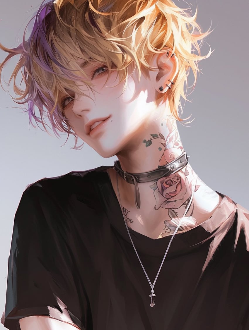 1boy, ai_s_love, androgynous, bangs, bishounen, black_shirt, blonde_hair, chest_tattoo, choker, collar, commentary_request, ear_piercing, earrings, flower_tattoo, grey_background, grey_eyes, jewelry, lips, looking_at_viewer, male_focus, messy_hair, model_request, mouth_piercing, multicolored_hair, neck_tattoo, necklace, original, parted_lips, piercing, purple_hair, shirt, short_hair, short_sleeves, simple_background, smile, solo, t-shirt, tattoo, two-tone_hair, upper_body