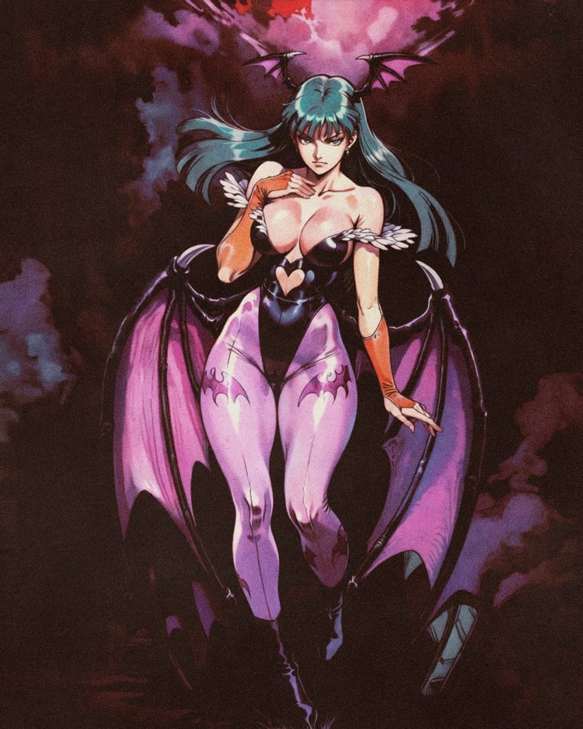 1990s_(style), 1girl, animal_print, bangs, bare_shoulders, bat_print, bat_wings, black_footwear, black_leotard, blunt_bangs, boots, breasts, bridal_gauntlets, capcom, cleavage, closed_eyes, clothing_cutout, cloud, collarbone, curvy, demon_girl, demon_wings, dolorsilentium, elbow_gloves, film_grain, fingerless_gloves, floating_hair, full_body, gloves, green_eyes, green_hair, hand_on_own_chest, head_wings, heart_cutout, highleg, highleg_leotard, knee_boots, large_breasts, leggings, legs, leotard, long_hair, looking_at_viewer, low_wings, model_request, moon, morrigan_aensland, night, night_sky, off_shoulder, pantyhose, print_legwear, purple_leggings, purple_pantyhose, purple_wings, retro_artstyle, sky, solo, standing, thighs, turquoise_hair, vampire_(game), wide_hips, wings