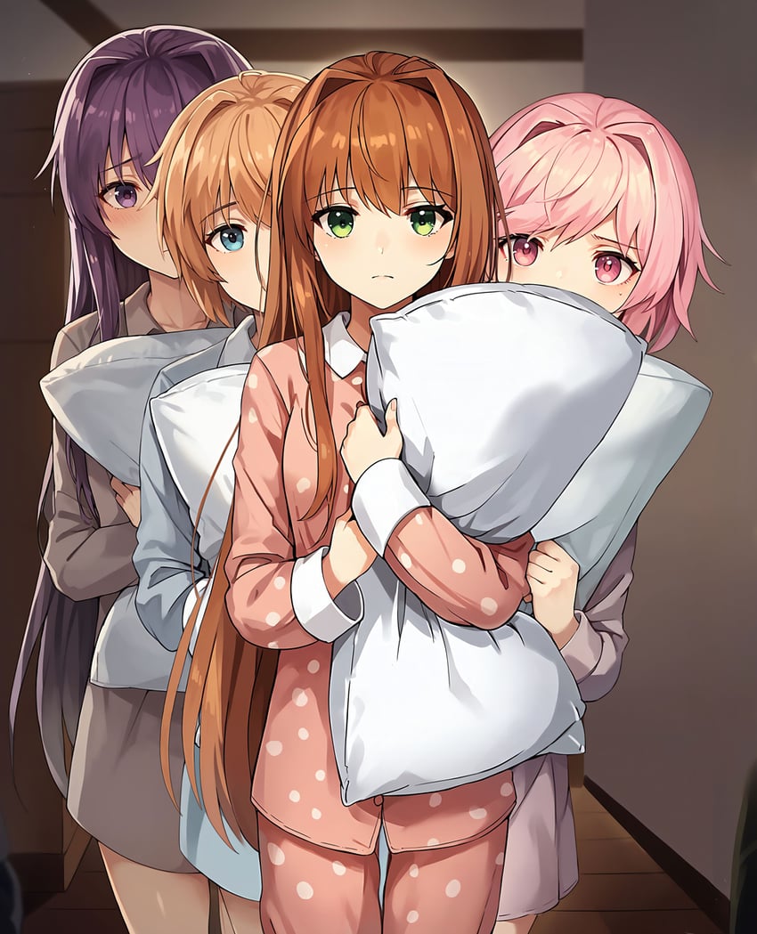 4girls, alternate_costume, bangs, blue_eyes, brown_hair, closed_mouth, commentary, cowboy_shot