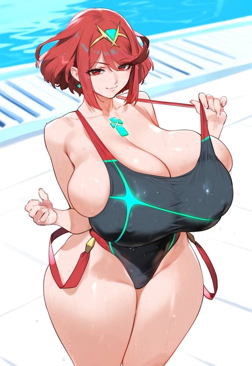 1girl, alternate_breast_size_(larger), aqua_gemstone, bangs, bare_shoulders, bikini, blush, breasts, chest_jewel, cleavage, dangle_earrings, day, earrings, gem, gigantic_breasts, headpiece, highres, huge_breasts, jewelry, large_breasts, looking_at_viewer, lucyla_(nenelulucy), model_request, one-piece_swimsuit, outdoors, pool, pyra_(xenoblade), red_eyes, red_hair, short_hair, smile, solo, stomach, swept_bangs, swimsuit, thighs, tiara, water, wide_hips, xenoblade_chronicles_(series), xenoblade_chronicles_2