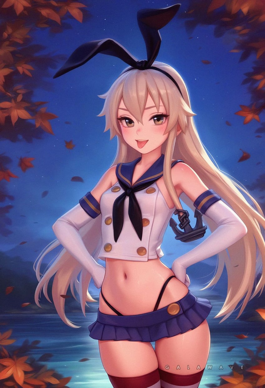 1girl, anchor_hair_ornament, artist_name, black_neckerchief, black_panties, blonde_hair, blue_sailor_collar, blue_skirt