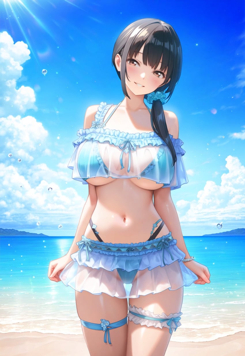 1girl, arms_at_sides, ass_visible_through_thighs, bangs, bare_shoulders, beach, bikini, bikini_skirt