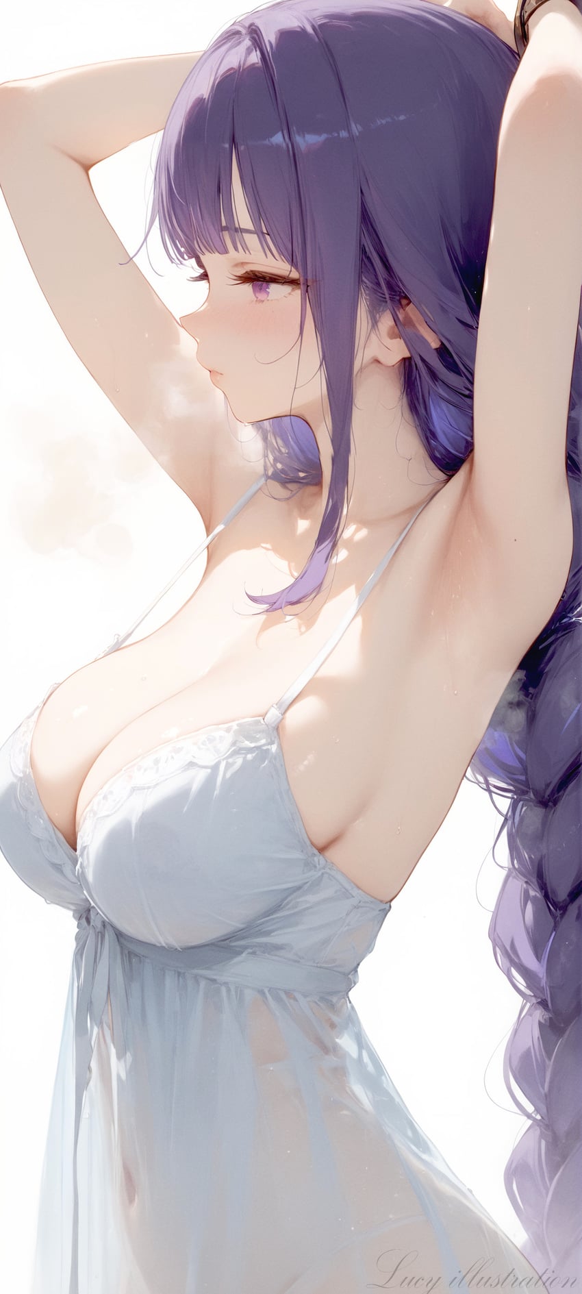 1girl, armpits, arms_behind_head, arms_up, babydoll, bangs, bare_arms, bare_shoulders