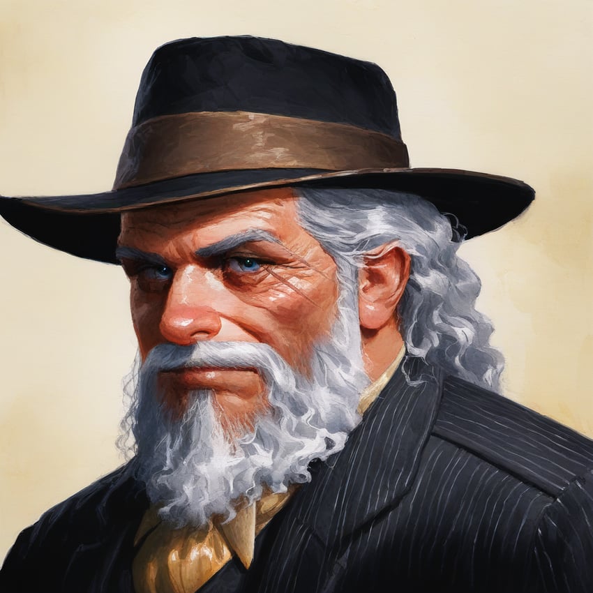 1boy, ascot, beard, black_headwear, black_suit, blue_eyes, dreson, english_commentary