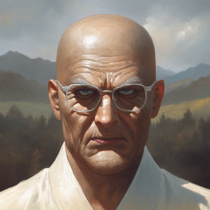 1boy, bald, blue_eyes, closed_mouth, dreson, english_commentary, ethanbaron_v._nusjuro, forest, frown, glasses, japanese_clothes, kimono, lips, male_focus, nature, novelai, old, old_man, one_piece, portrait, realistic, serious, white-framed_eyewear, white_kimono, wrinkled_face