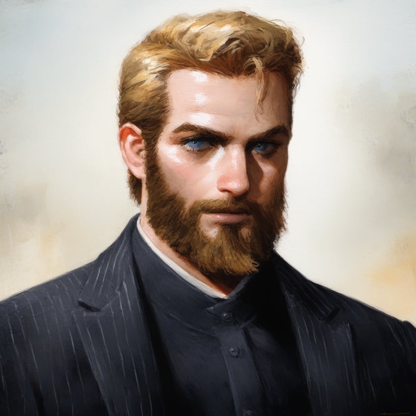 1boy, beard, black_shirt, black_suit, blonde_hair, blue_eyes, buttons, closed_mouth, dreson, english_commentary, facial_hair, formal, looking_at_viewer, male_focus, mustache, novelai, one_piece, pinstripe_pattern, pinstripe_suit, portrait, realistic, shepherd_ju_peter, shirt, short_hair, sideburns, smile, solo, striped, suit, upper_body