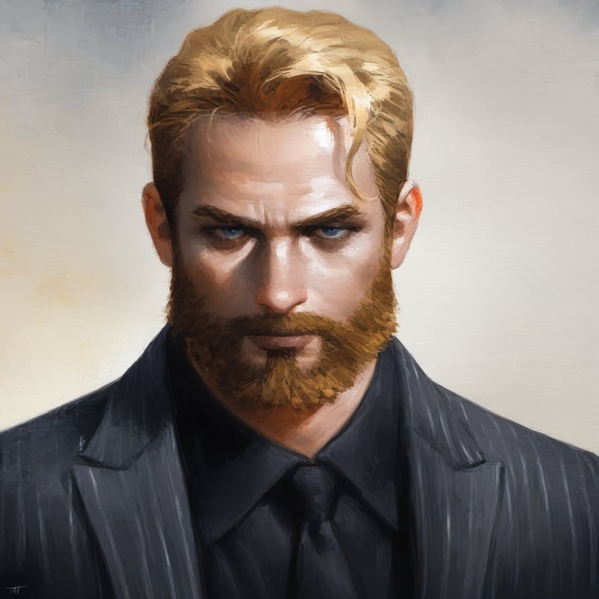 1boy, beard, black_necktie, black_shirt, black_suit, blonde_hair, blue_eyes, buttons