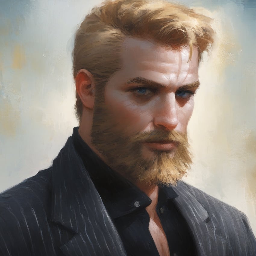 1boy, beard, black_shirt, blonde_hair, blue_eyes, buttons, closed_mouth, collared_shirt