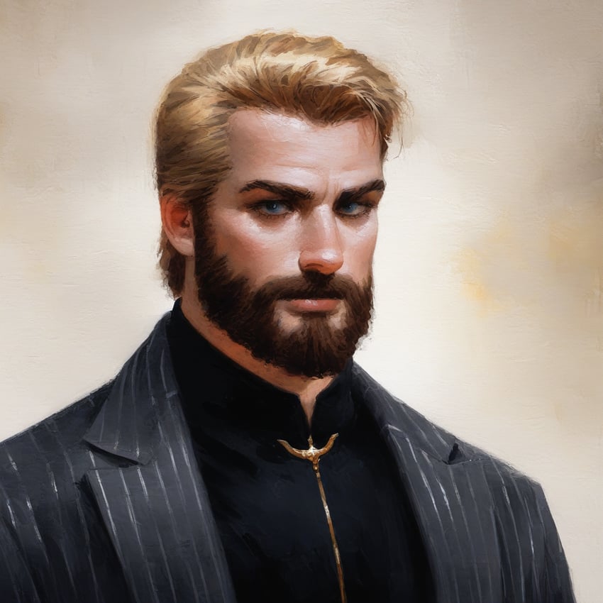 1boy, beard, black_shirt, blonde_hair, blue_eyes, buttons, closed_mouth, collared_shirt