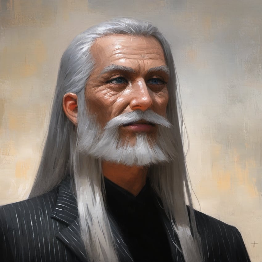 1boy, beard, black_shirt, black_suit, blue_eyes, closed_mouth, dreson, english_commentary