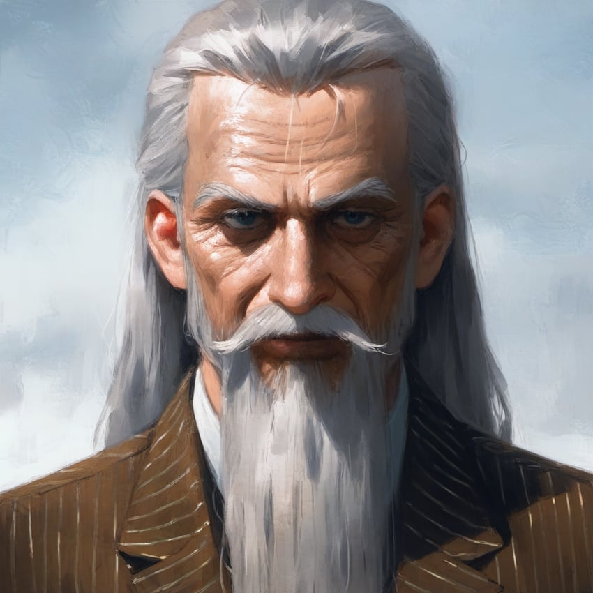 1boy, beard, black_suit, blue_eyes, brown_suit, closed_mouth, dreson, english_commentary