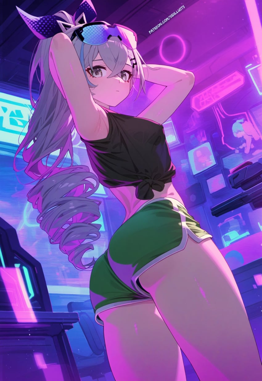 1girl, alternate_costume, armpits, arms_behind_head, arms_up, ass, bangs, bare_shoulders