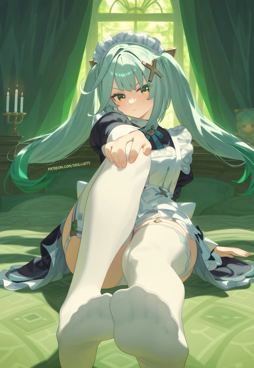 1girl, alternate_costume, apron, aqua_hair, arm_support, bangs, black_dress, blush