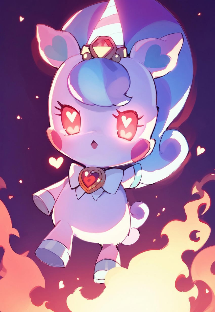 1girl, absurdres, blush, blush_stickers, bow, fire, full_body, hat, heart, heart-shaped_pupils, highres, massbrainimpact, nico-sama, no_humans, open_mouth, pony_diffusion_xl, red_eyes, self-upload, simple_background, solo, symbol-shaped_pupils, symbol_in_eye, tail, wonderful_precure!