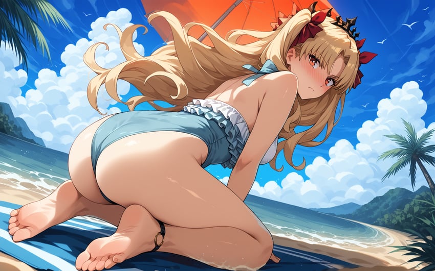 1girl, 7th_anime_xl-pony, anklet, ass, bangs, barefoot, beach, beach_umbrella