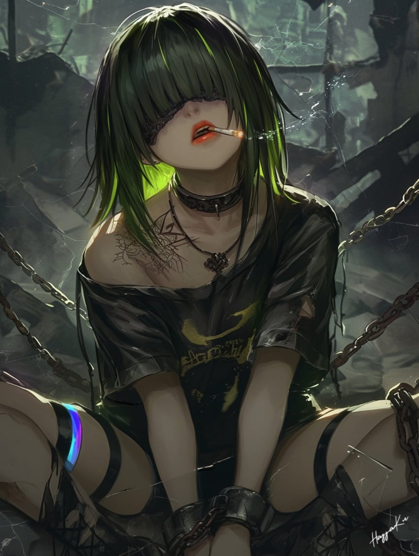 1girl, artist_name, backlighting, black_blindfold, blindfold, chain, cigarette, collar