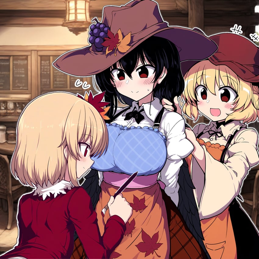 3girls, :d, adapted_costume, aki_minoriko, aki_sandwich_(meme), aki_shizuha, apron, bare_shoulders