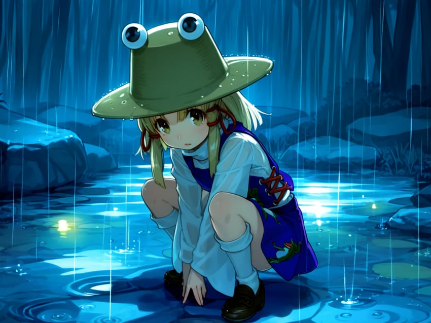 1girl, blonde_hair, brown_footwear, brown_headwear, commentary_request, hat, japanese_commentary, loafers