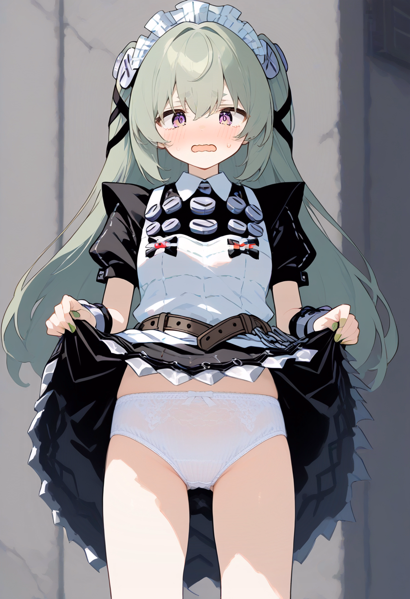 1girl, 7th_anime_xl-pony, apron, belt, blush, chain, clothes_lift, corin_wickes