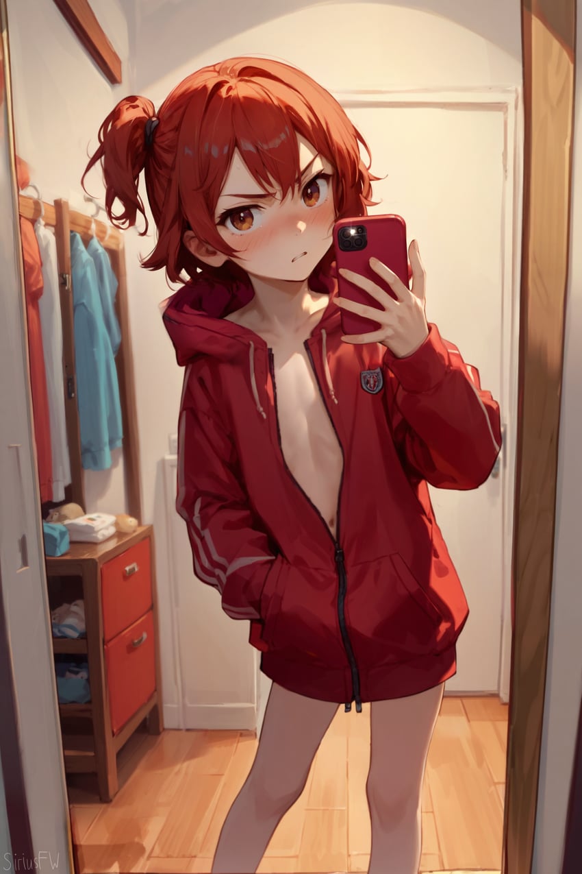1girl, absurdres, against_mirror, artist_name, blush, brown_eyes, cellphone, closed_mouth, closet, collarbone, door, drawer, ear_blush, feet_out_of_frame, first-party_edit, flat_chest, frown, hand_in_pocket, highres, holding, holding_phone, hood, hoodie, indoors, inpainted, jacket, long_sleeves, looking_at_mirror, looking_at_viewer, mirror, naked_hoodie, navel, no_bra, non-web_source, nose_blush, one_side_up, open_clothes, open_jacket, original, phone, red_hair, red_hoodie, red_jacket, self-upload, selfie, short_hair, side_ponytail, sifw-annihilationxl, signature, sirius_fw, smartphone, solo, standing, track_jacket, v-shaped_eyebrows
