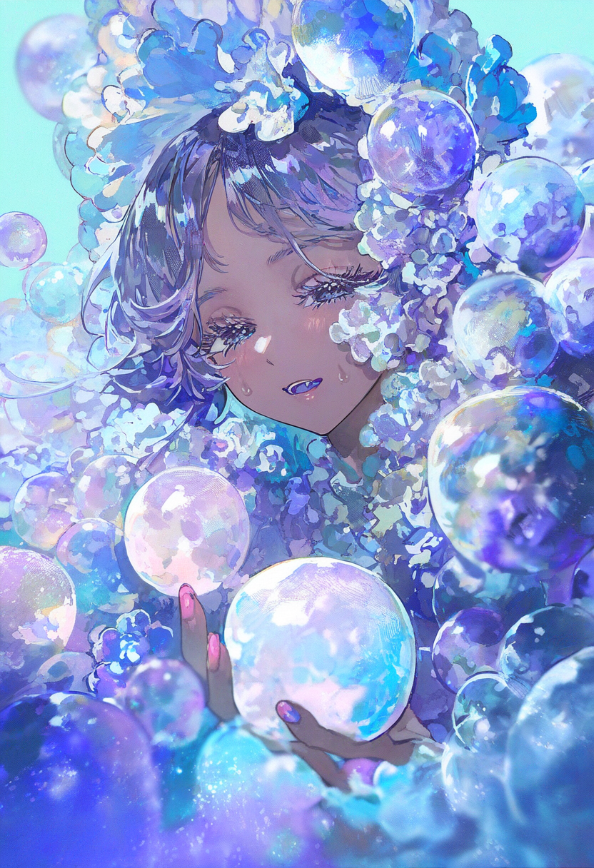 1girl, aqua_background, bangs, beads, blue_background, blue_eyes, blue_flower, blue_lips