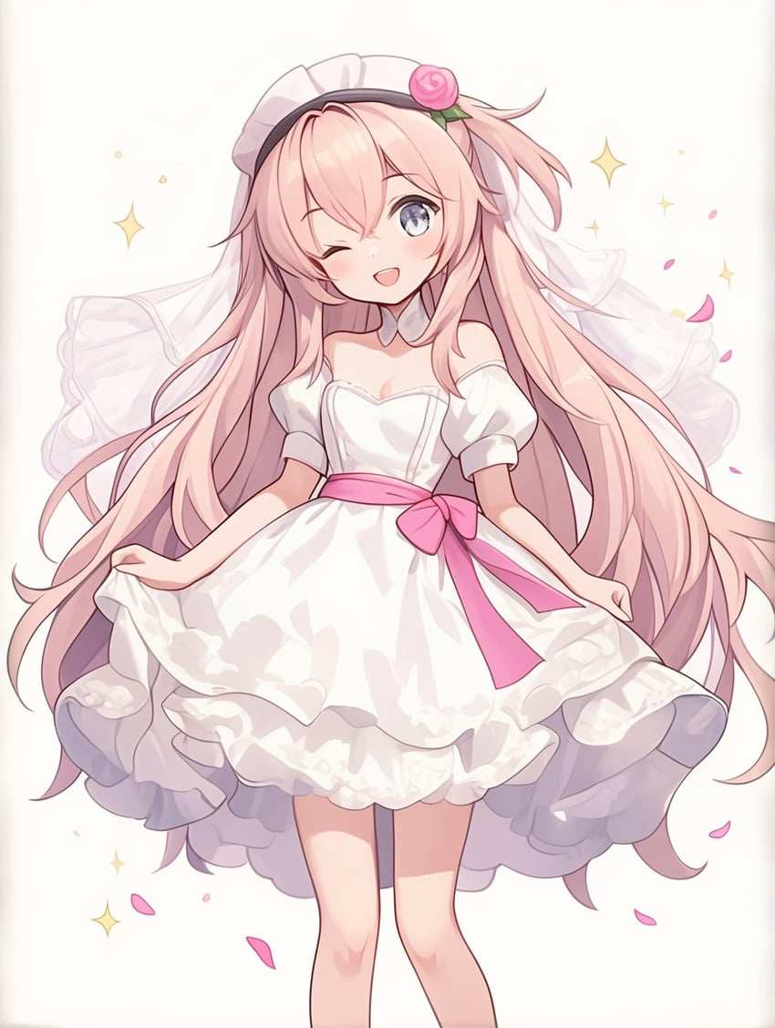 1girl, anastasia_(brown_dust), bow, brown_dust_(series), brown_dust_2, brown_hair, clothes_lift, detached_sleeves, dress, dress_lift, falling_petals, flower, frilled_dress, frills, grey_eyes, hair_flower, hair_ornament, kurisu7753, layered_dress, light_brown_hair, looking_at_viewer, maid_headdress, model_request, one_eye_closed, open_mouth, petals, pink_bow, pink_flower, pink_rose, rose, simple_background, smile, solo, sparkle, teeth, upper_teeth_only, white_background, white_dress, white_veil