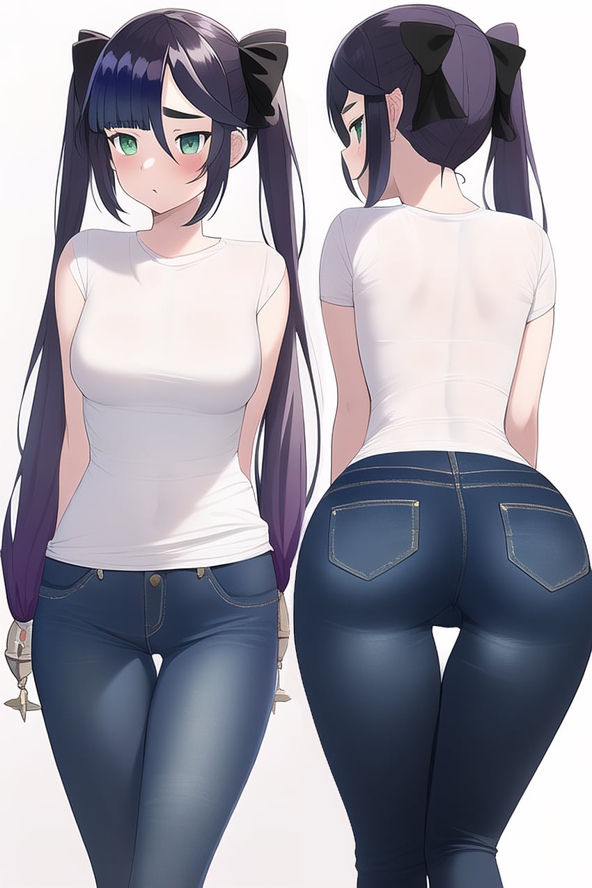 1girl, alternate_costume, arms_behind_back, ass, black_hair, black_ribbon, blue_pants, blush
