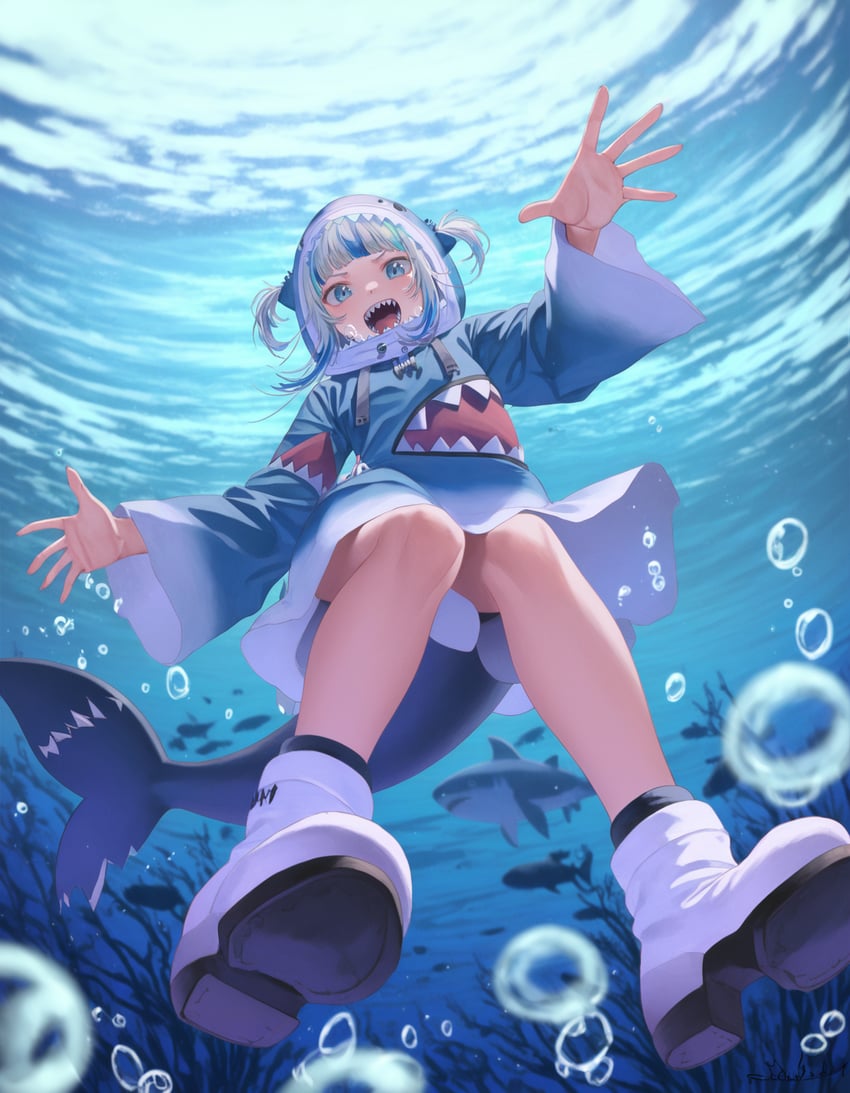 1girl, animal_hood, artiwaifu_diffusion, blue_eyes, blue_hair, blue_hoodie, bubble, fins