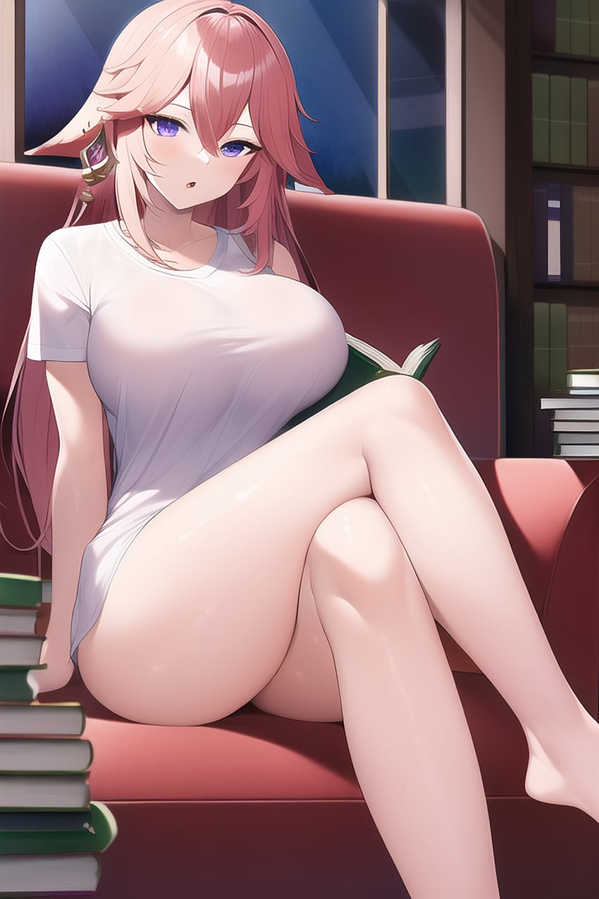 1girl, :o, animal_ears, bangs, bare_legs, book, book_stack, breasts