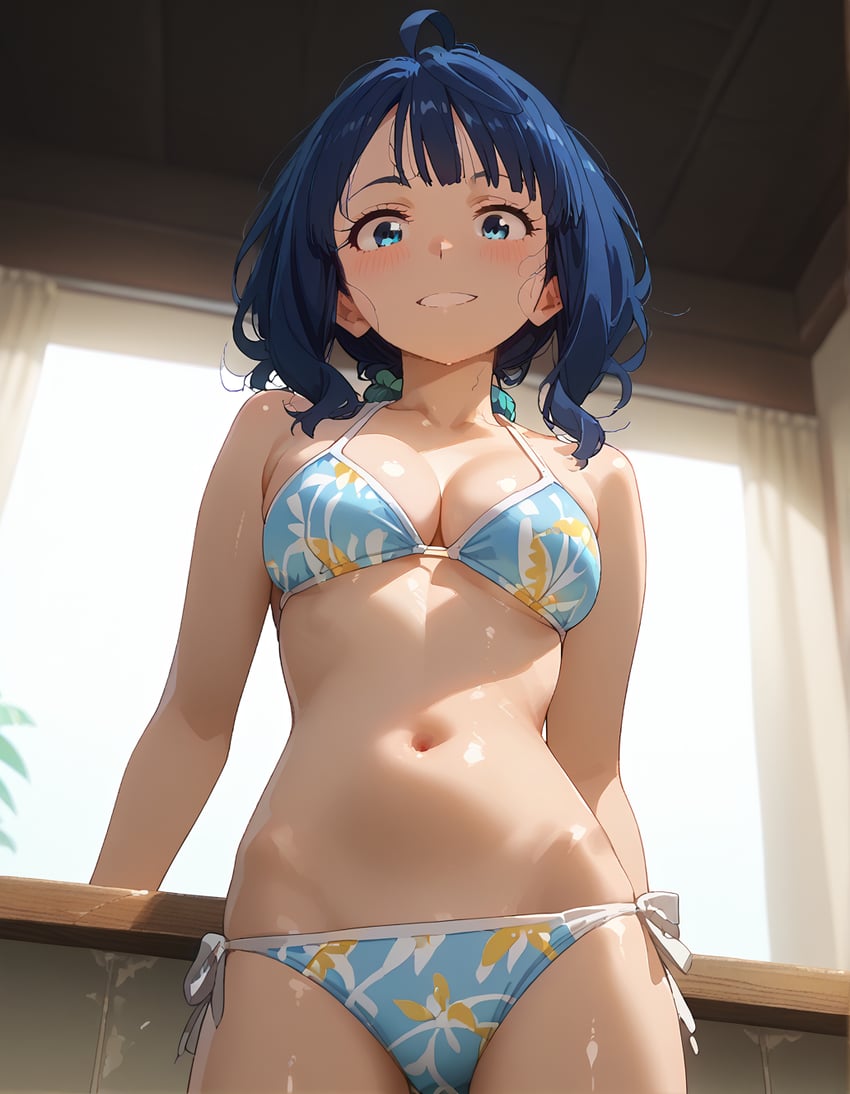 1girl, ahoge, arms_behind_back, bangs, bare_shoulders, bikini, blue_bikini, blue_eyes, blue_hair, blush, breasts, cleavage, collarbone, cowboy_shot, curtains, cwinterhowl, floral_print, from_below, halterneck, indoors, looking_at_viewer, looking_down, make_heroine_ga_oo_sugiru!, medium_breasts, medium_hair, model_request, navel, shiny, shiny_skin, side-tie_bikini_bottom, solo, swimsuit, teeth, thighs, window, yanami_anna