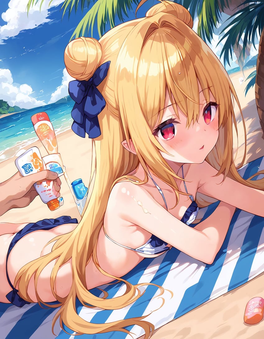1boy, 1girl, ass, bad_horizon, bare_arms, bare_shoulders, beach, bikini