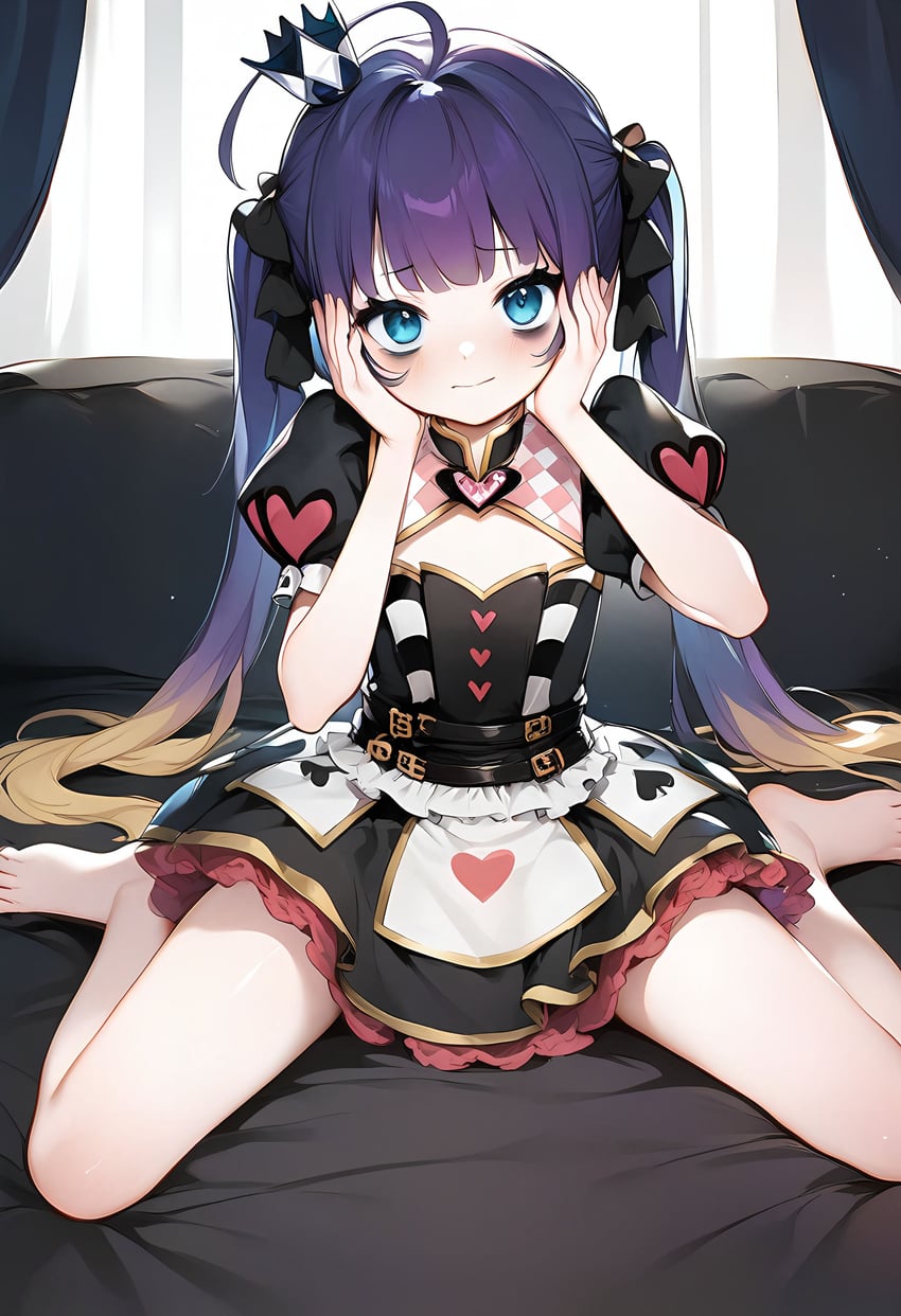 1girl, 2b9s, absurdres, ahoge, barefoot, black_bow, black_dress, black_eyeliner